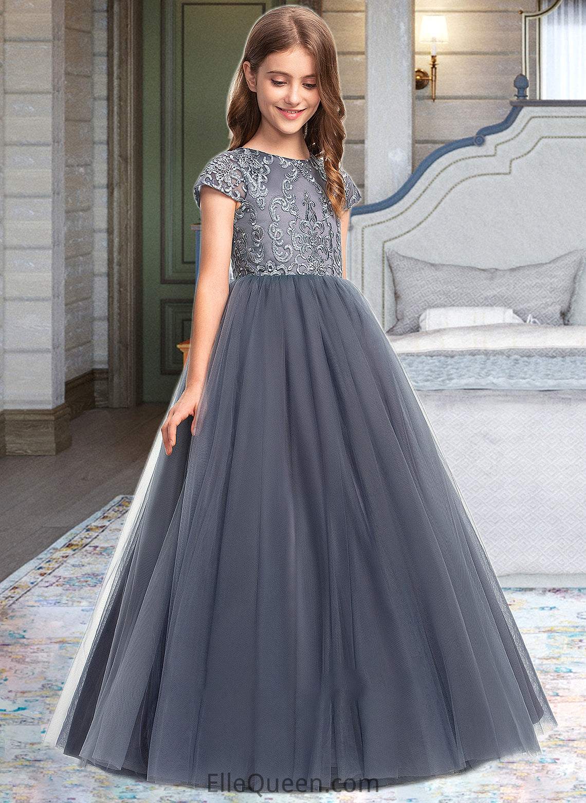 Rosalyn Ball-Gown/Princess Scoop Neck Floor-Length Tulle Lace Junior Bridesmaid Dress DGP0013578