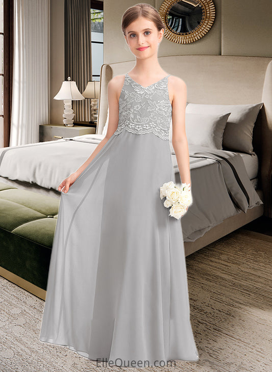 Tanya A-Line V-neck Floor-Length Chiffon Lace Junior Bridesmaid Dress DGP0013579