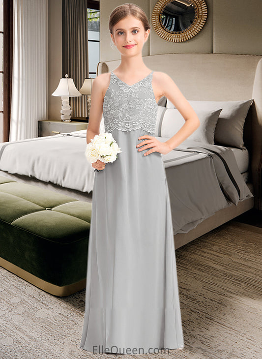 Tanya A-Line V-neck Floor-Length Chiffon Lace Junior Bridesmaid Dress DGP0013579