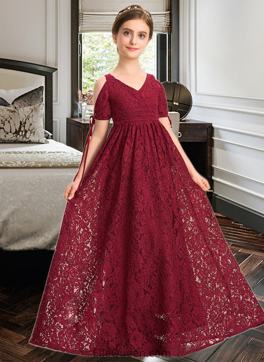 Johanna A-Line V-neck Floor-Length Lace Junior Bridesmaid Dress With Ruffle Bow(s) DGP0013581