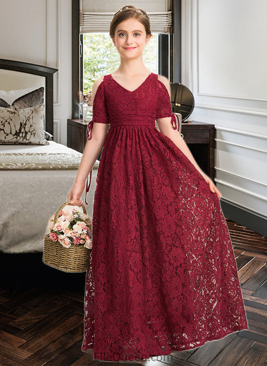 Johanna A-Line V-neck Floor-Length Lace Junior Bridesmaid Dress With Ruffle Bow(s) DGP0013581