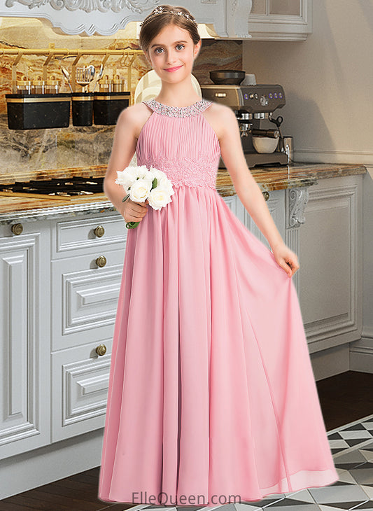 Sara A-Line Scoop Neck Floor-Length Chiffon Lace Junior Bridesmaid Dress With Ruffle Beading Sequins DGP0013582