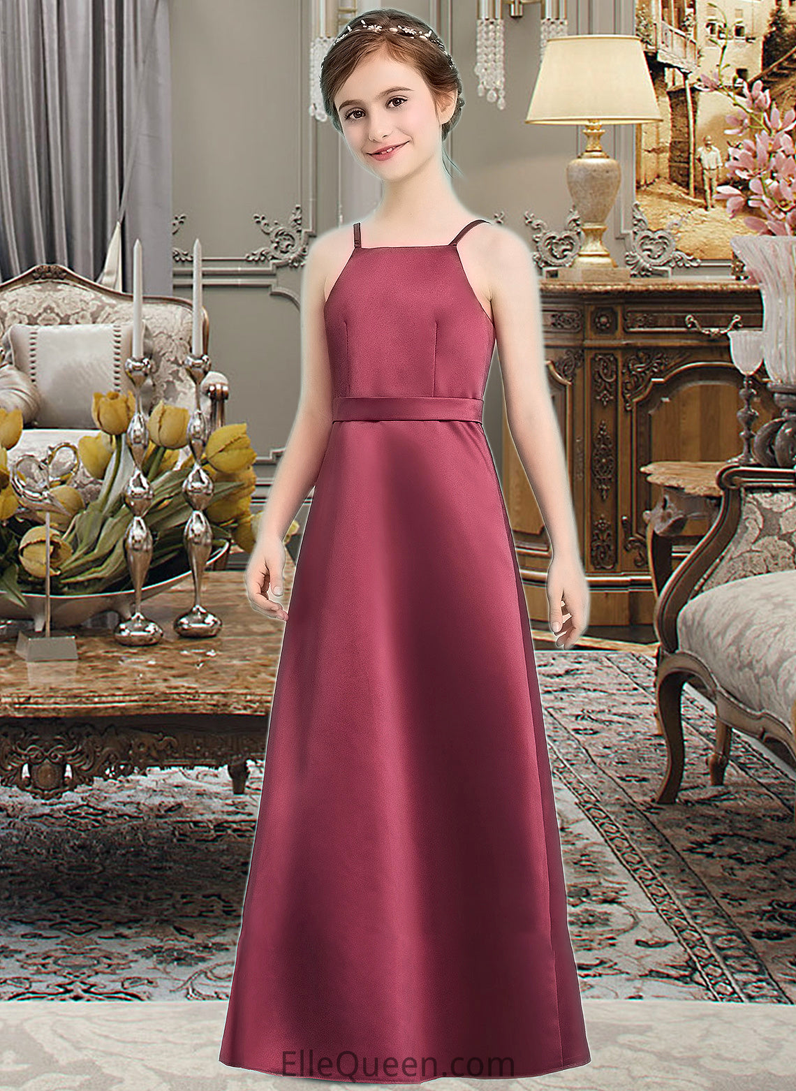 Hedwig A-Line Square Neckline Floor-Length Satin Junior Bridesmaid Dress With Bow(s) DGP0013585