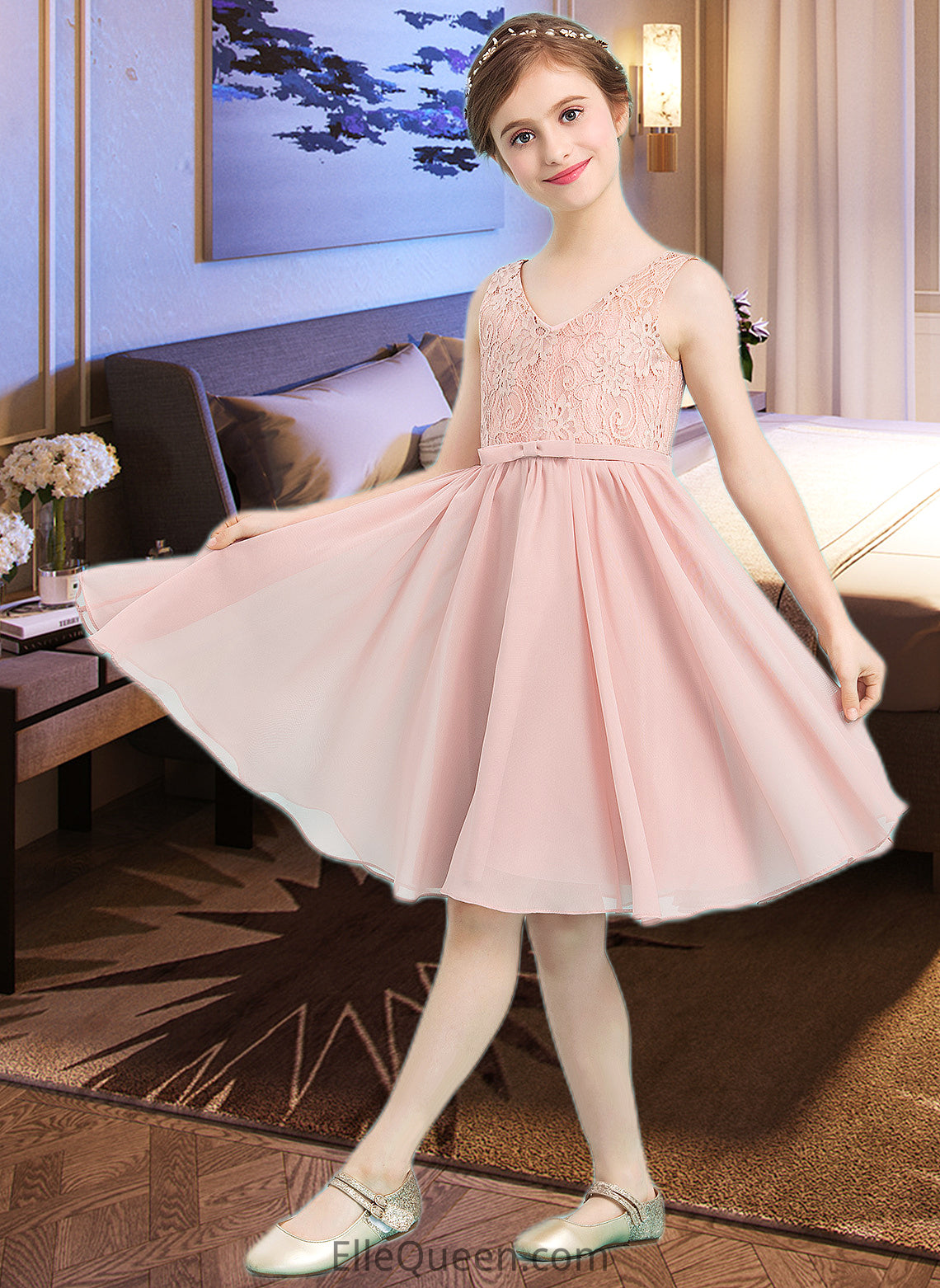 Carissa A-Line V-neck Knee-Length Chiffon Junior Bridesmaid Dress With Bow(s) DGP0013586