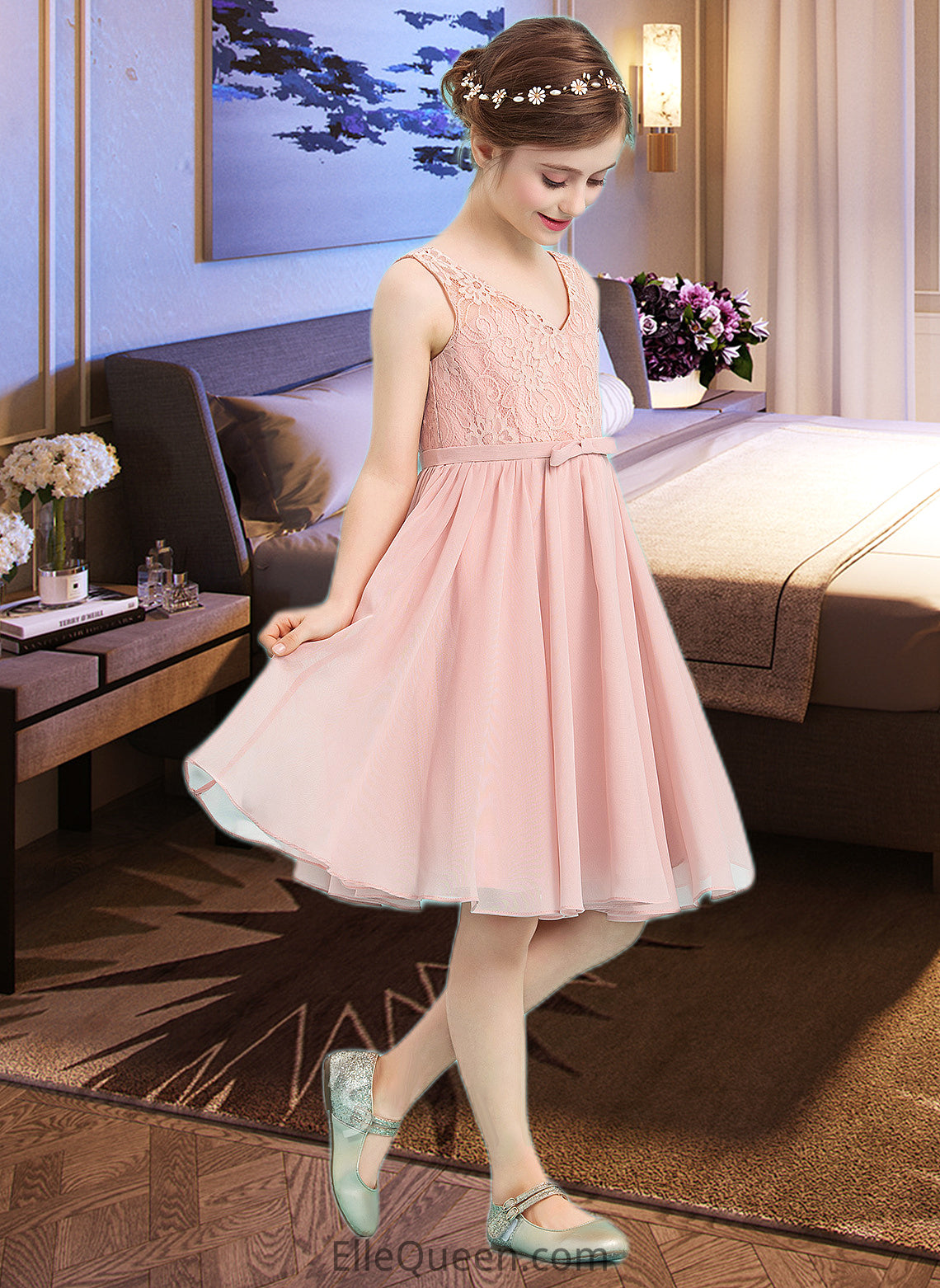 Carissa A-Line V-neck Knee-Length Chiffon Junior Bridesmaid Dress With Bow(s) DGP0013586