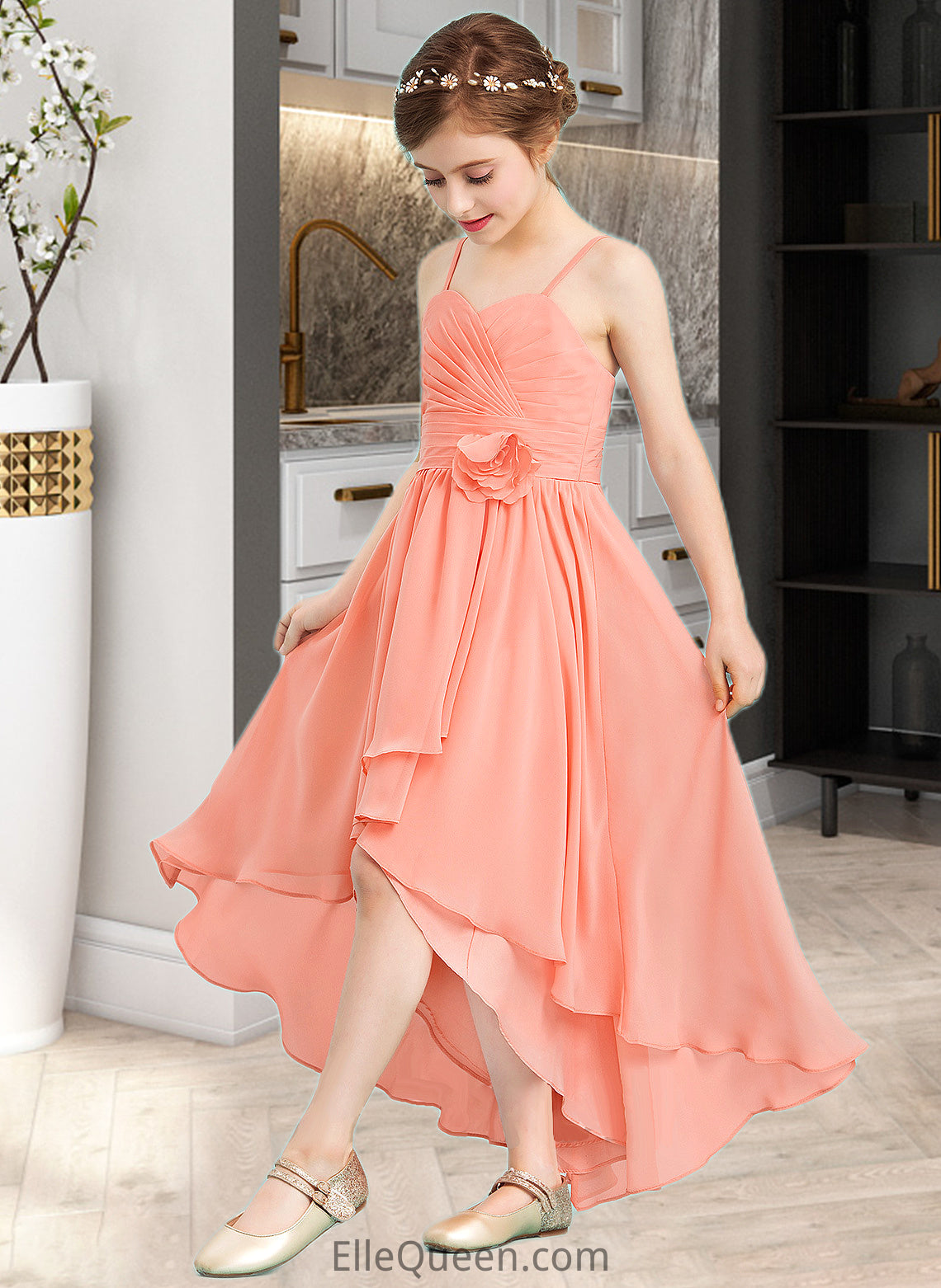 Viviana A-Line Sweetheart Asymmetrical Chiffon Junior Bridesmaid Dress With Ruffle Flower(s) DGP0013587