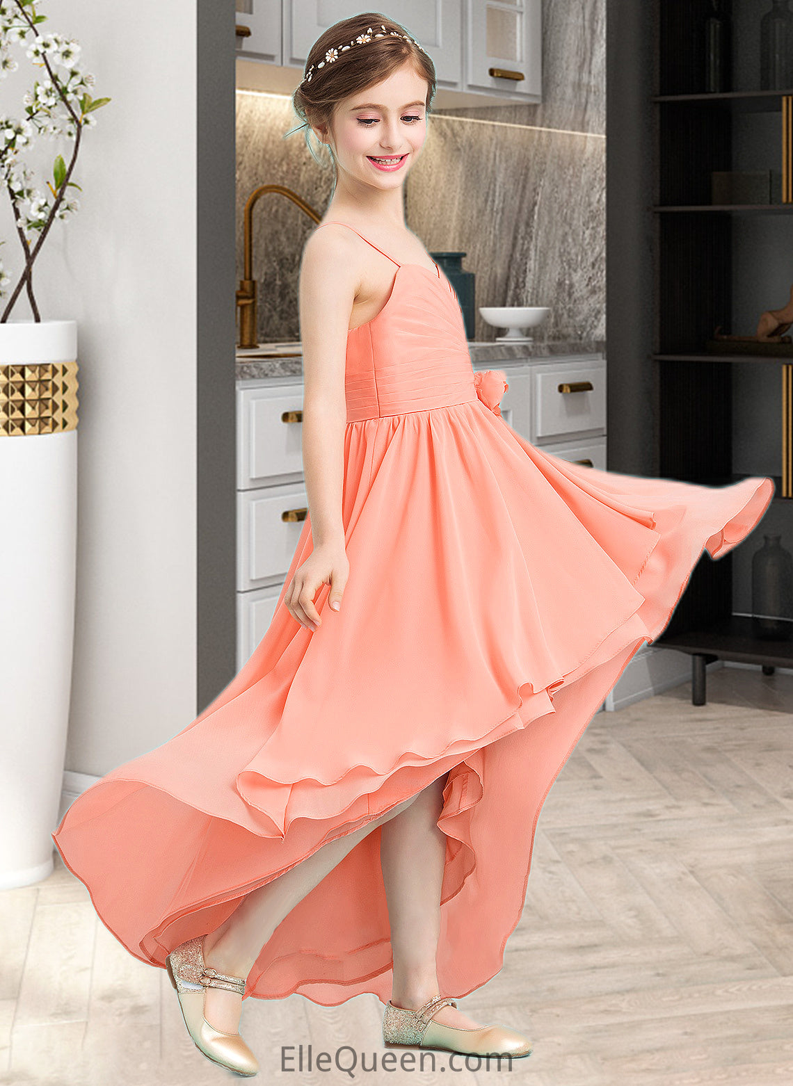 Viviana A-Line Sweetheart Asymmetrical Chiffon Junior Bridesmaid Dress With Ruffle Flower(s) DGP0013587