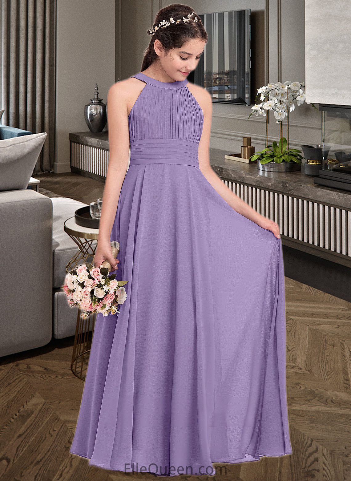 Alessandra A-Line Scoop Neck Floor-Length Chiffon Junior Bridesmaid Dress With Ruffle DGP0013588