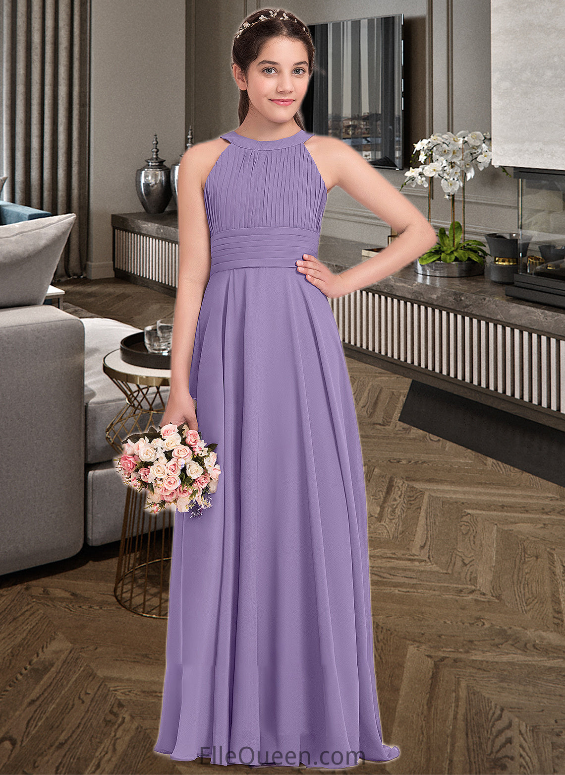 Alessandra A-Line Scoop Neck Floor-Length Chiffon Junior Bridesmaid Dress With Ruffle DGP0013588