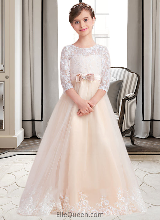 Addisyn Ball-Gown/Princess Scoop Neck Floor-Length Tulle Lace Junior Bridesmaid Dress With Sash Beading Bow(s) DGP0013589