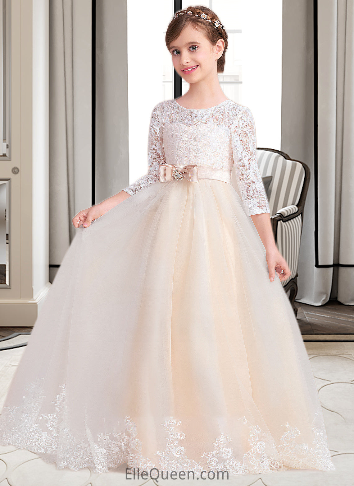 Addisyn Ball-Gown/Princess Scoop Neck Floor-Length Tulle Lace Junior Bridesmaid Dress With Sash Beading Bow(s) DGP0013589