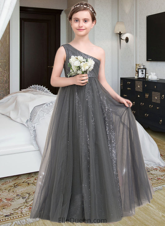 Hilary A-Line One-Shoulder Floor-Length Tulle Sequined Junior Bridesmaid Dress With Ruffle DGP0013592