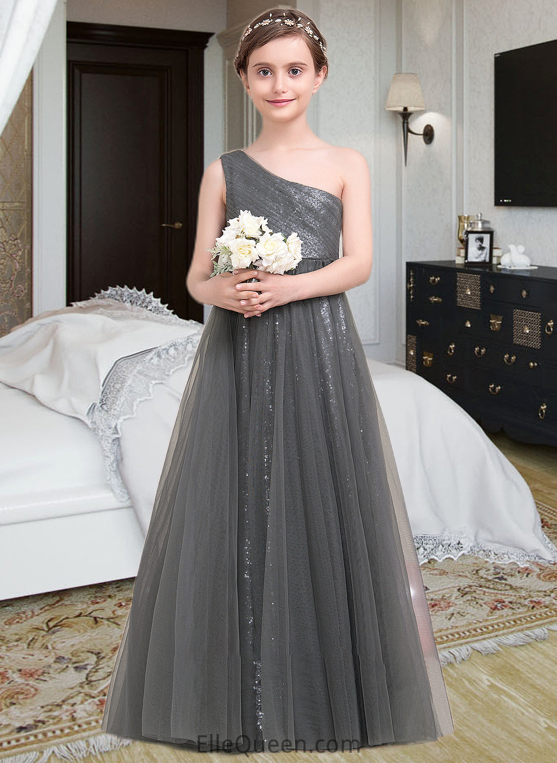 Hilary A-Line One-Shoulder Floor-Length Tulle Sequined Junior Bridesmaid Dress With Ruffle DGP0013592