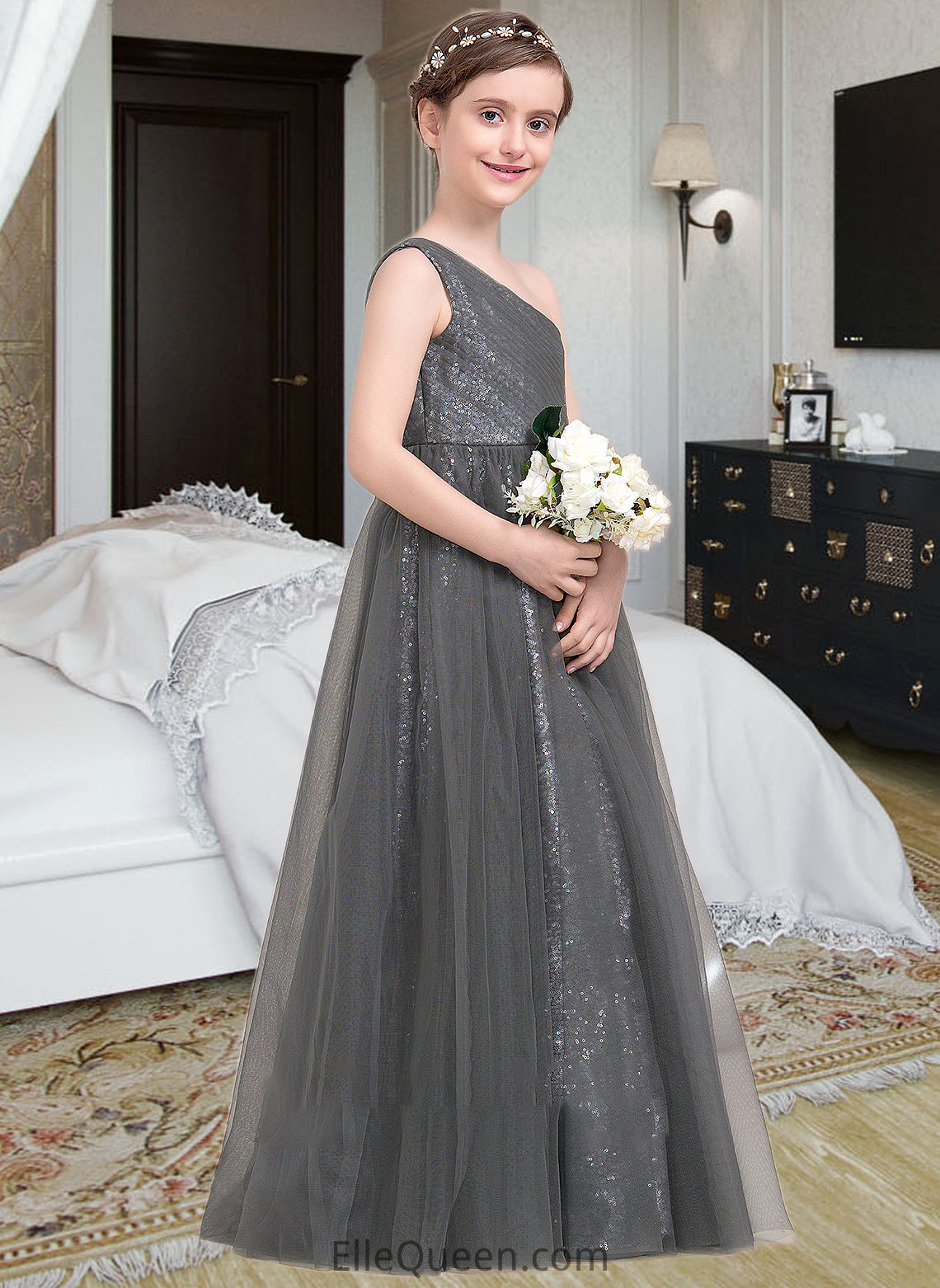 Hilary A-Line One-Shoulder Floor-Length Tulle Sequined Junior Bridesmaid Dress With Ruffle DGP0013592