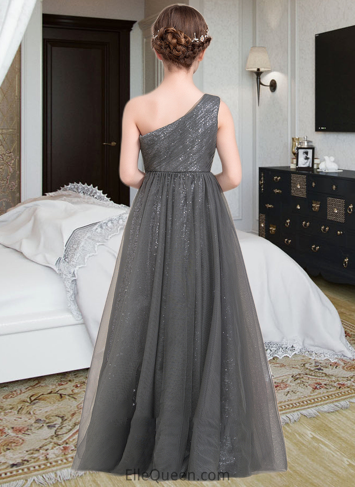 Hilary A-Line One-Shoulder Floor-Length Tulle Sequined Junior Bridesmaid Dress With Ruffle DGP0013592