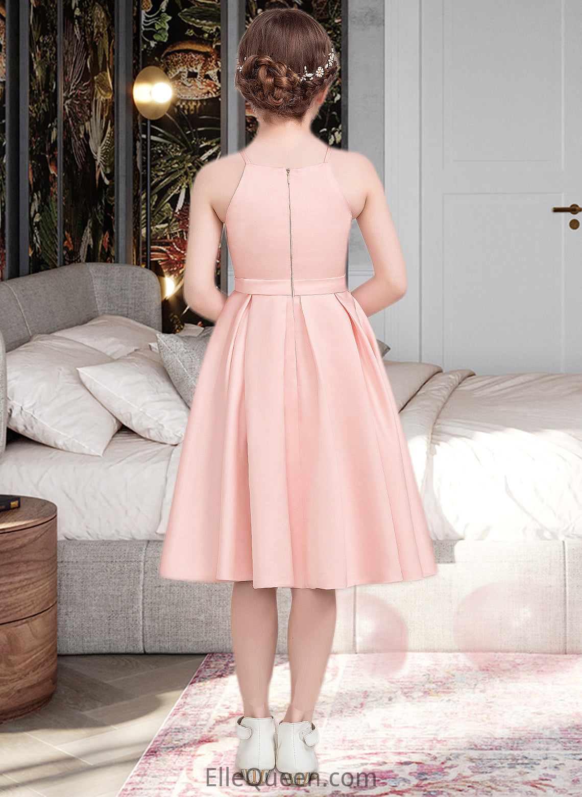 Imani A-Line Square Neckline Knee-Length Satin Junior Bridesmaid Dress With Bow(s) DGP0013593