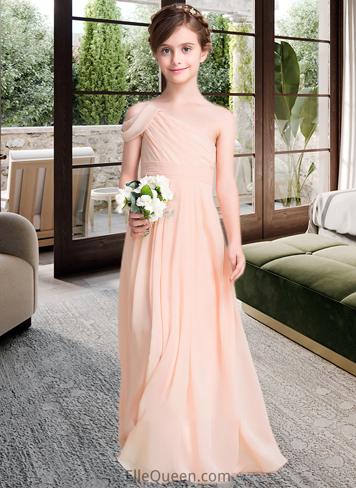 Amani A-Line One-Shoulder Floor-Length Chiffon Junior Bridesmaid Dress With Ruffle DGP0013594