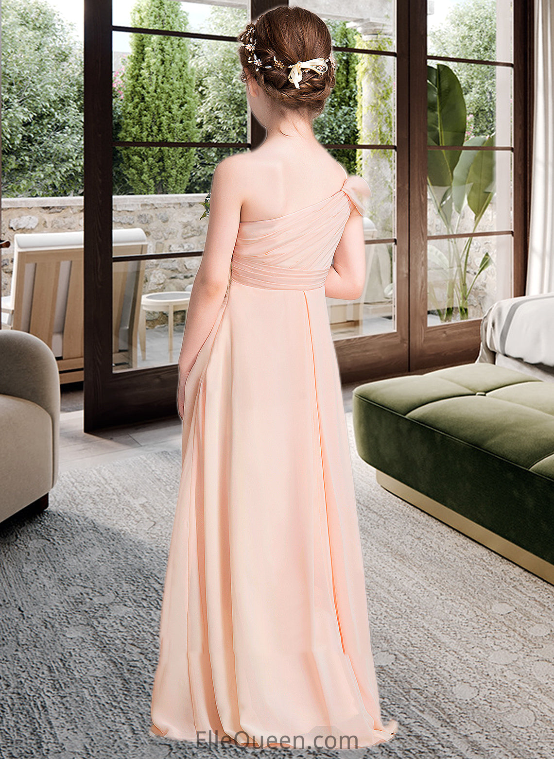 Amani A-Line One-Shoulder Floor-Length Chiffon Junior Bridesmaid Dress With Ruffle DGP0013594