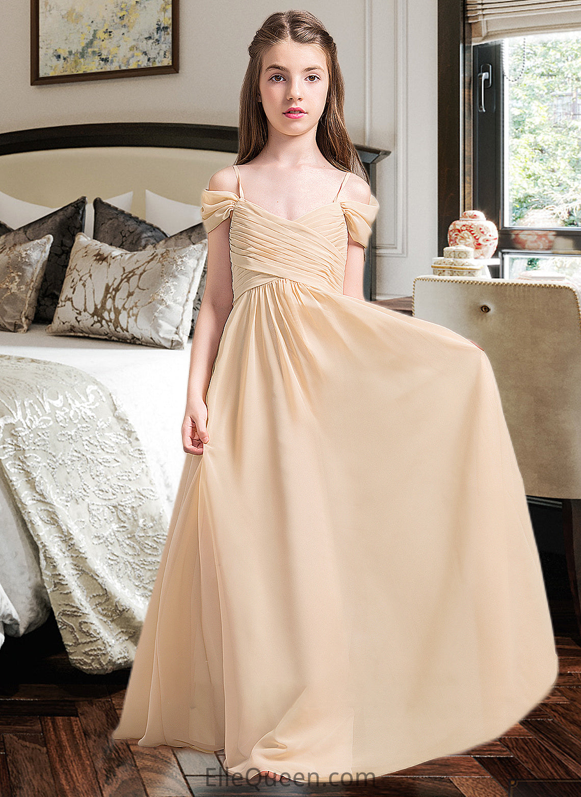 Diana A-Line Off-the-Shoulder Floor-Length Chiffon Junior Bridesmaid Dress With Ruffle DGP0013595