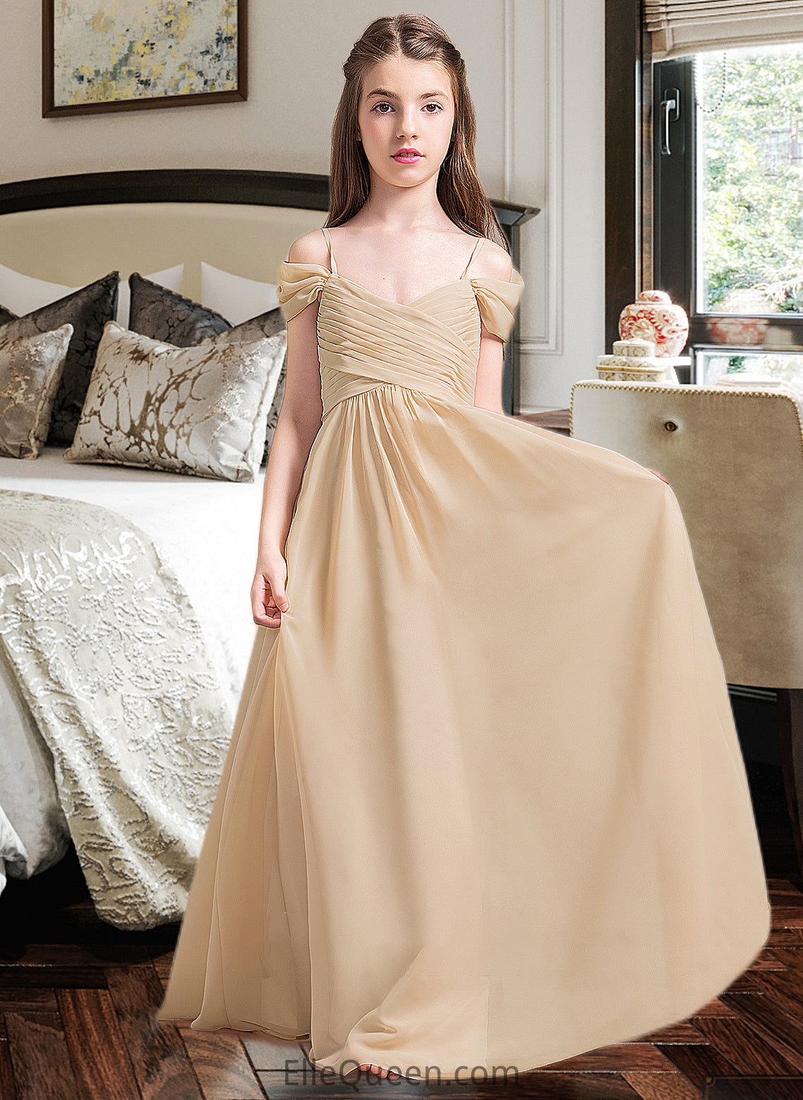 Diana A-Line Off-the-Shoulder Floor-Length Chiffon Junior Bridesmaid Dress With Ruffle DGP0013595