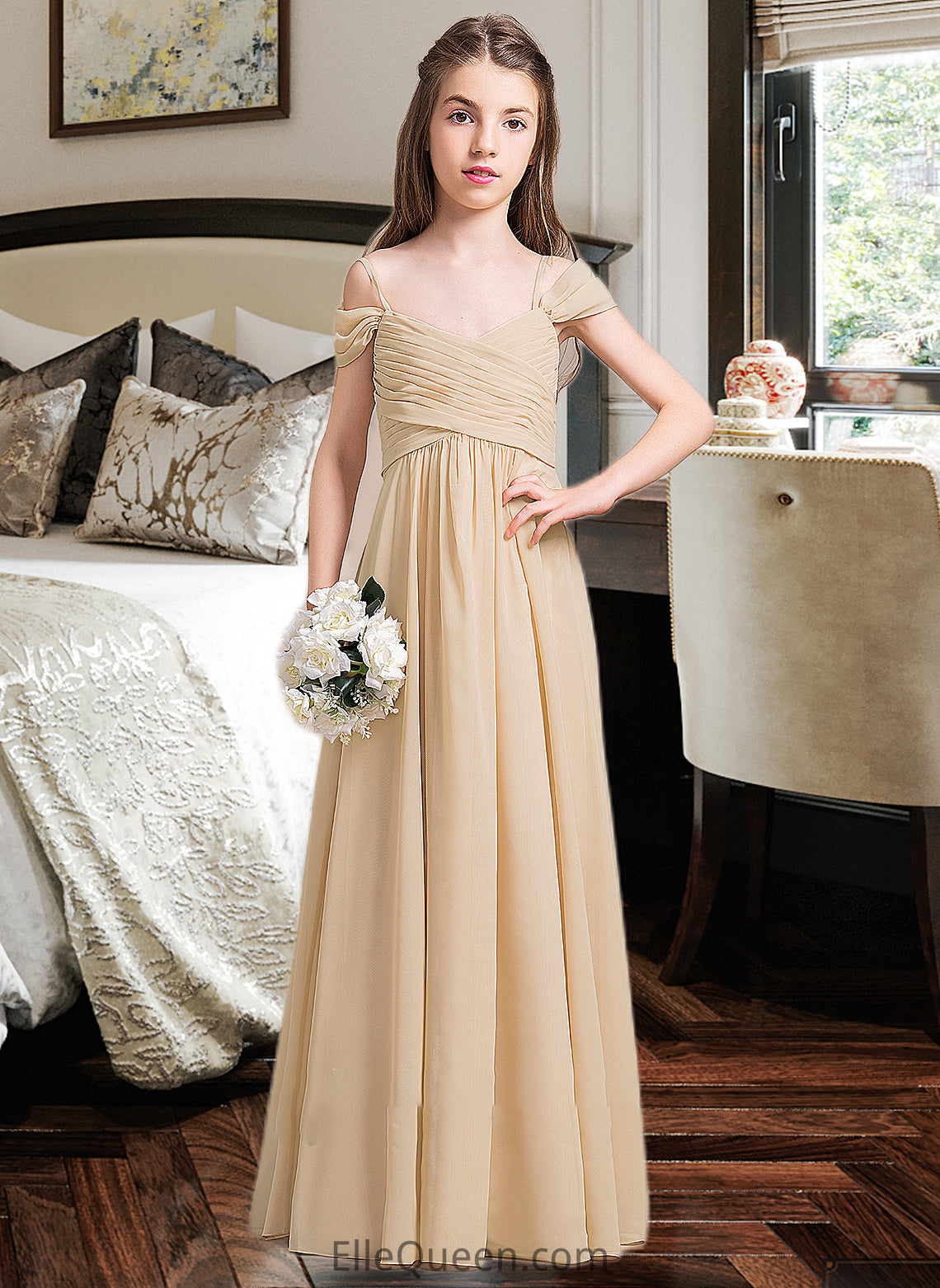 Diana A-Line Off-the-Shoulder Floor-Length Chiffon Junior Bridesmaid Dress With Ruffle DGP0013595