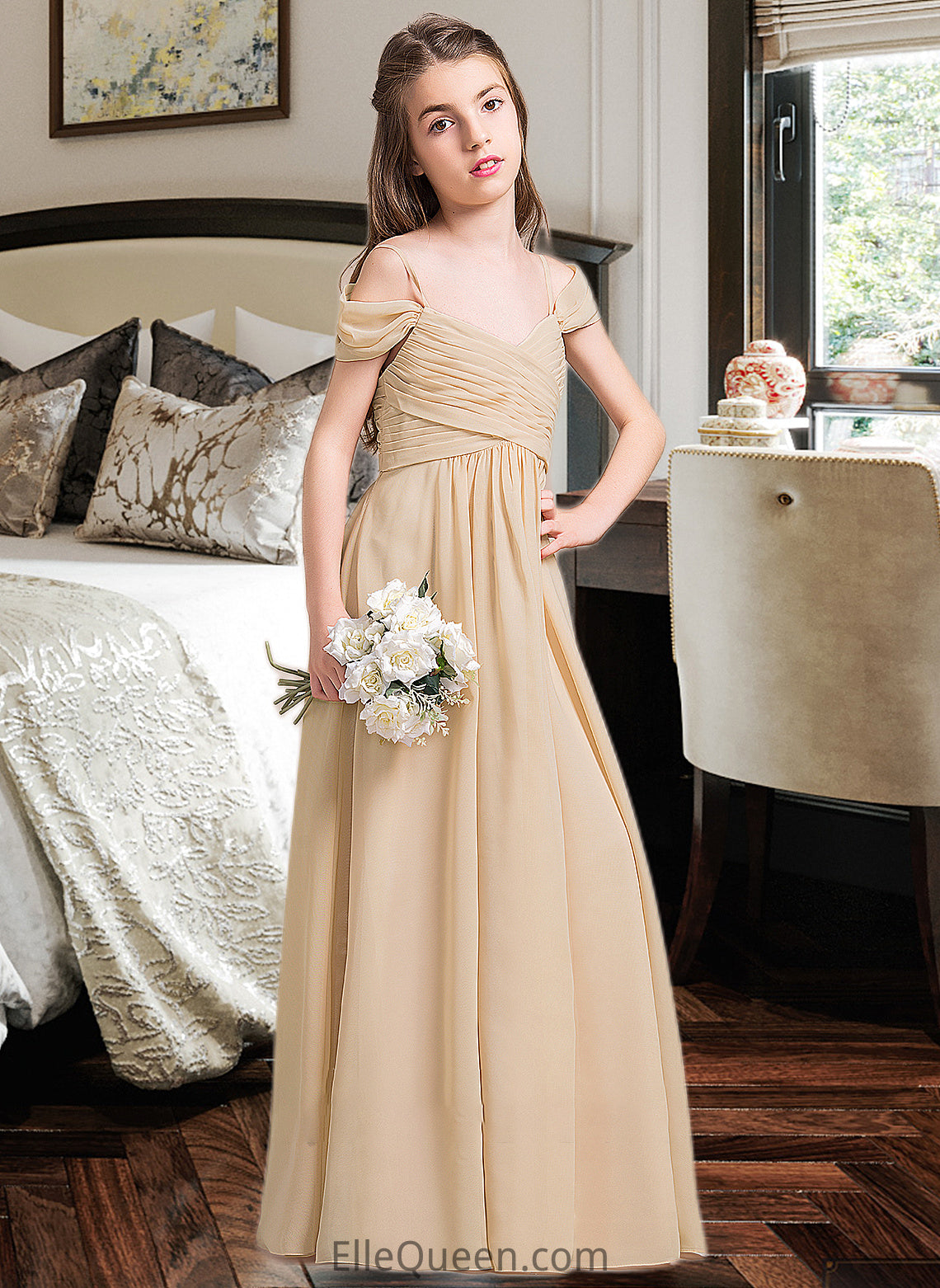 Diana A-Line Off-the-Shoulder Floor-Length Chiffon Junior Bridesmaid Dress With Ruffle DGP0013595