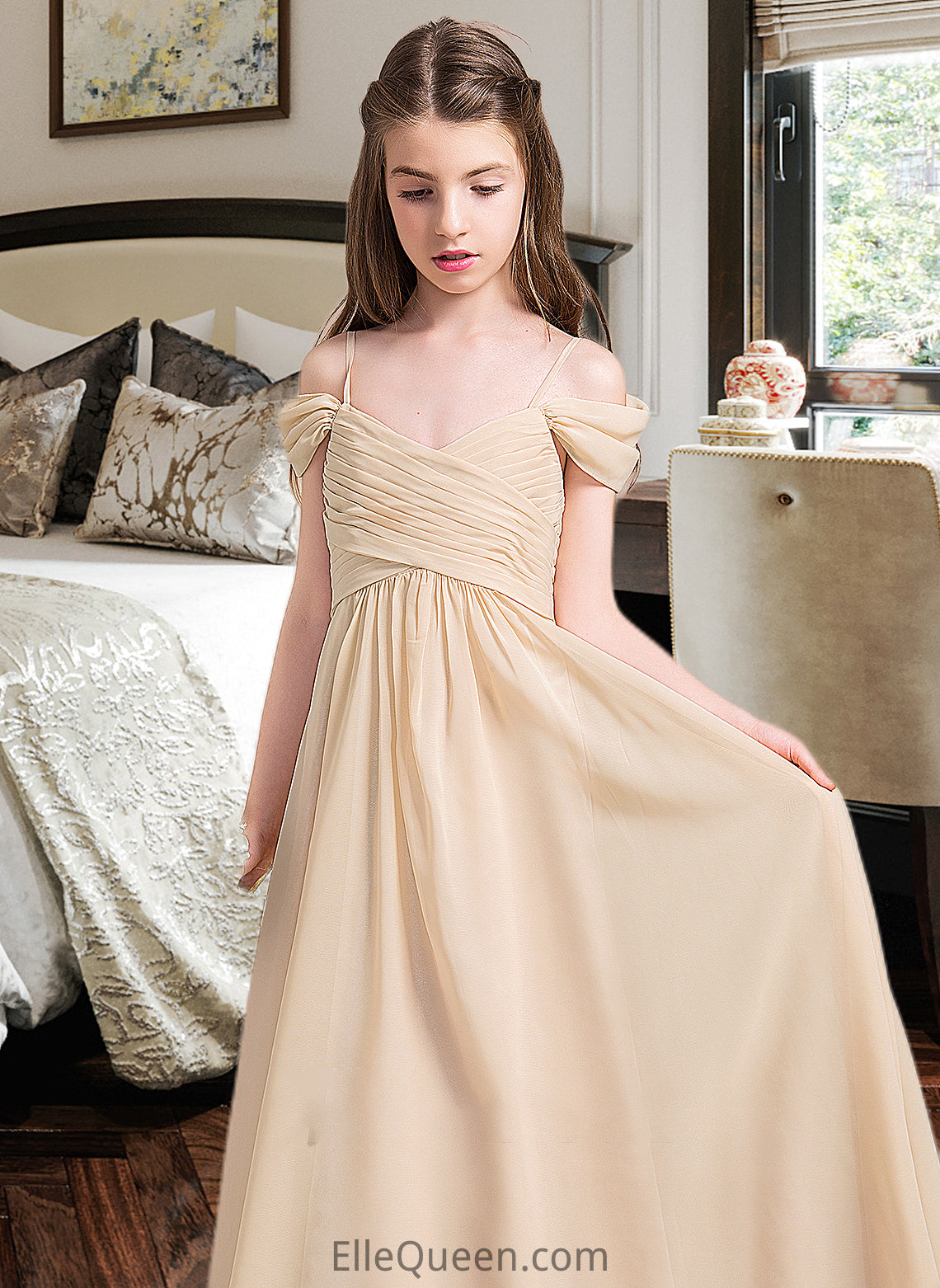 Diana A-Line Off-the-Shoulder Floor-Length Chiffon Junior Bridesmaid Dress With Ruffle DGP0013595