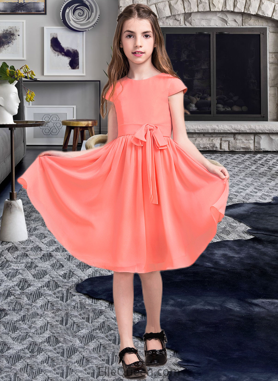 Dylan A-Line Scoop Neck Knee-Length Chiffon Junior Bridesmaid Dress With Bow(s) DGP0013596