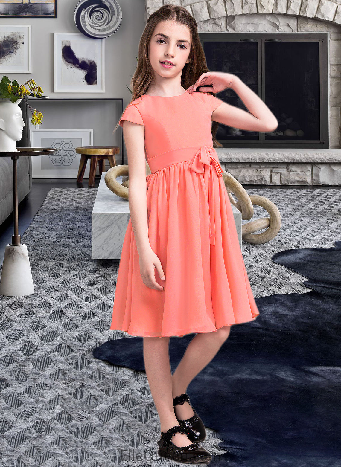 Dylan A-Line Scoop Neck Knee-Length Chiffon Junior Bridesmaid Dress With Bow(s) DGP0013596