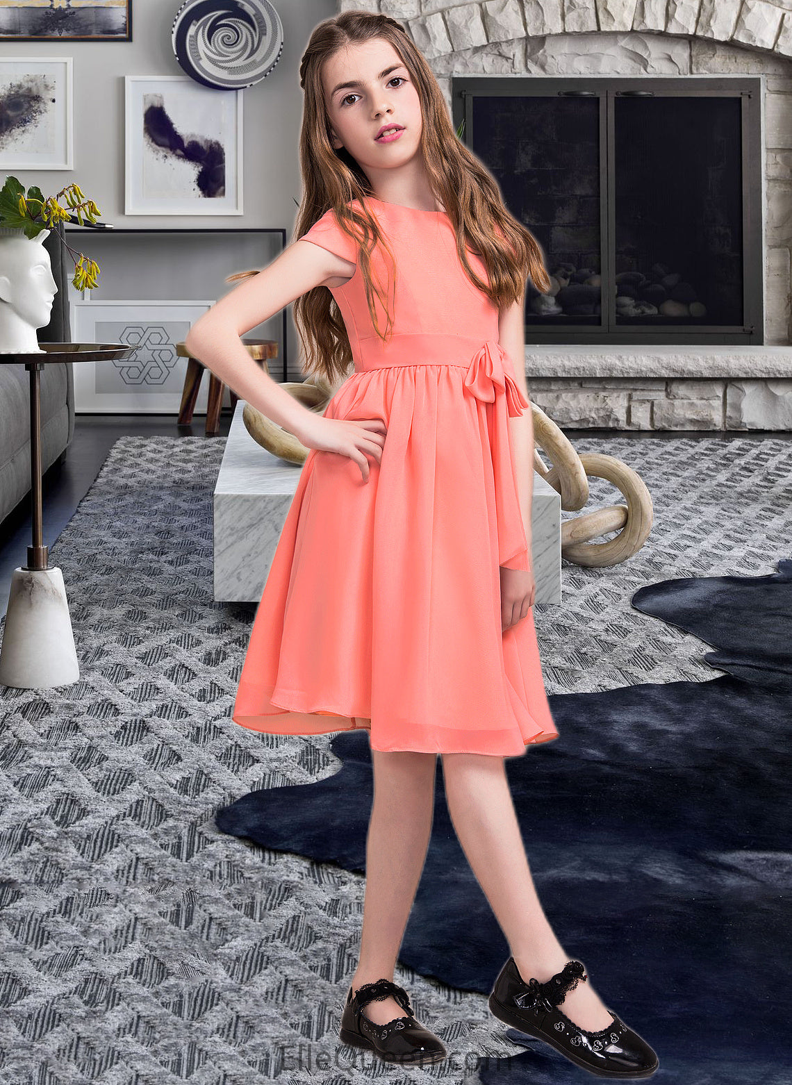 Dylan A-Line Scoop Neck Knee-Length Chiffon Junior Bridesmaid Dress With Bow(s) DGP0013596