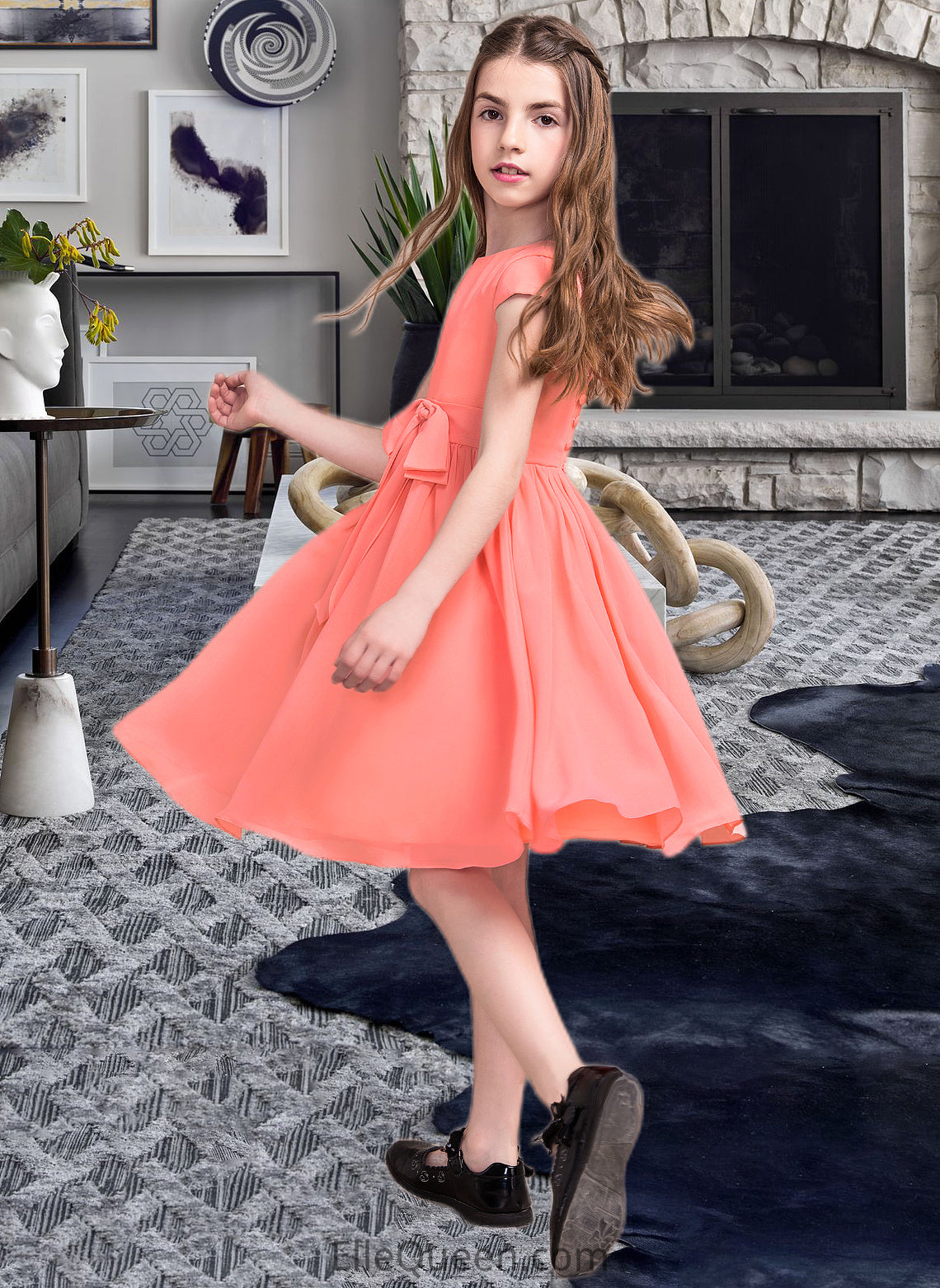 Dylan A-Line Scoop Neck Knee-Length Chiffon Junior Bridesmaid Dress With Bow(s) DGP0013596