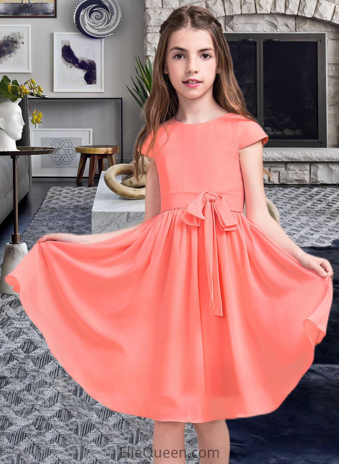 Dylan A-Line Scoop Neck Knee-Length Chiffon Junior Bridesmaid Dress With Bow(s) DGP0013596