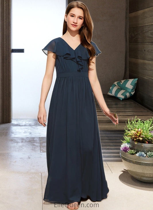 Bella A-Line V-neck Floor-Length Chiffon Junior Bridesmaid Dress With Bow(s) Cascading Ruffles DGP0013599