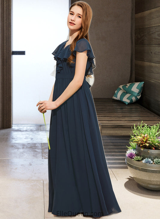 Bella A-Line V-neck Floor-Length Chiffon Junior Bridesmaid Dress With Bow(s) Cascading Ruffles DGP0013599