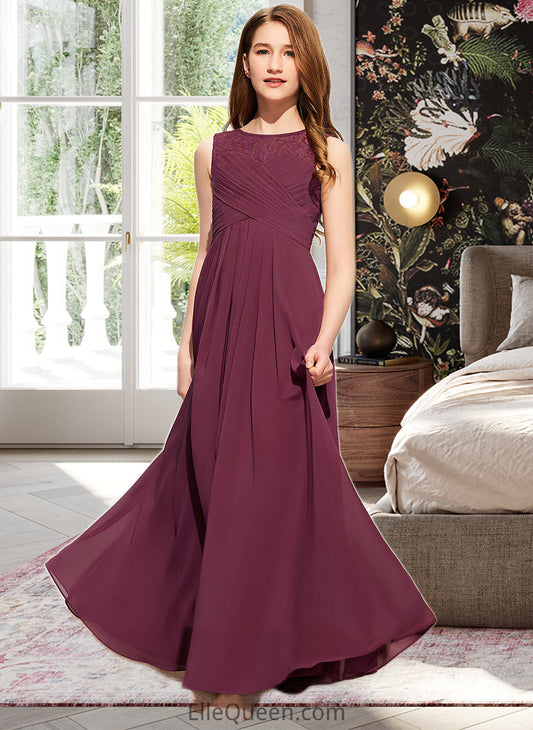 Hedwig A-Line Scoop Neck Floor-Length Chiffon Lace Junior Bridesmaid Dress With Ruffle Bow(s) DGP0013600