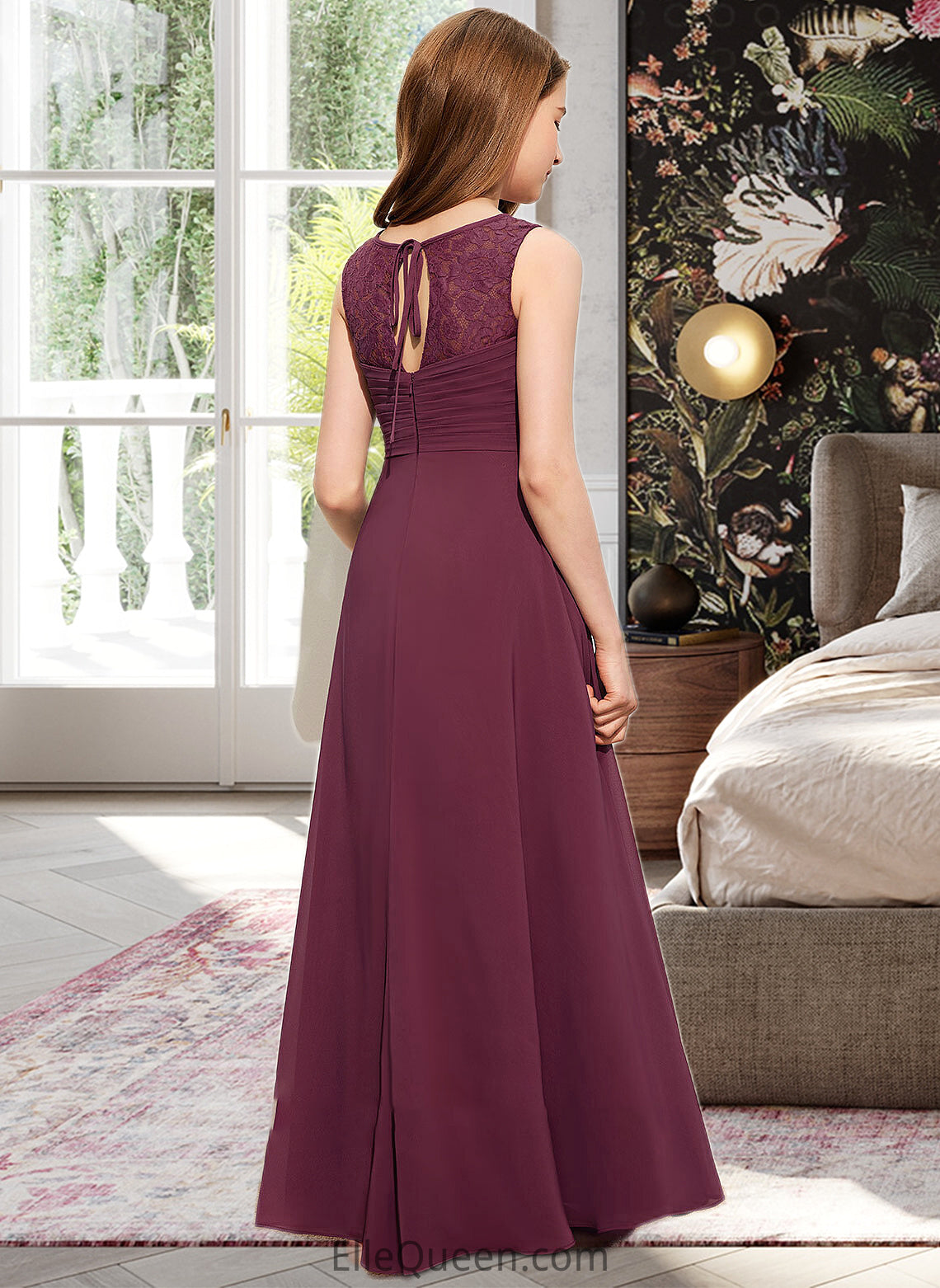 Hedwig A-Line Scoop Neck Floor-Length Chiffon Lace Junior Bridesmaid Dress With Ruffle Bow(s) DGP0013600