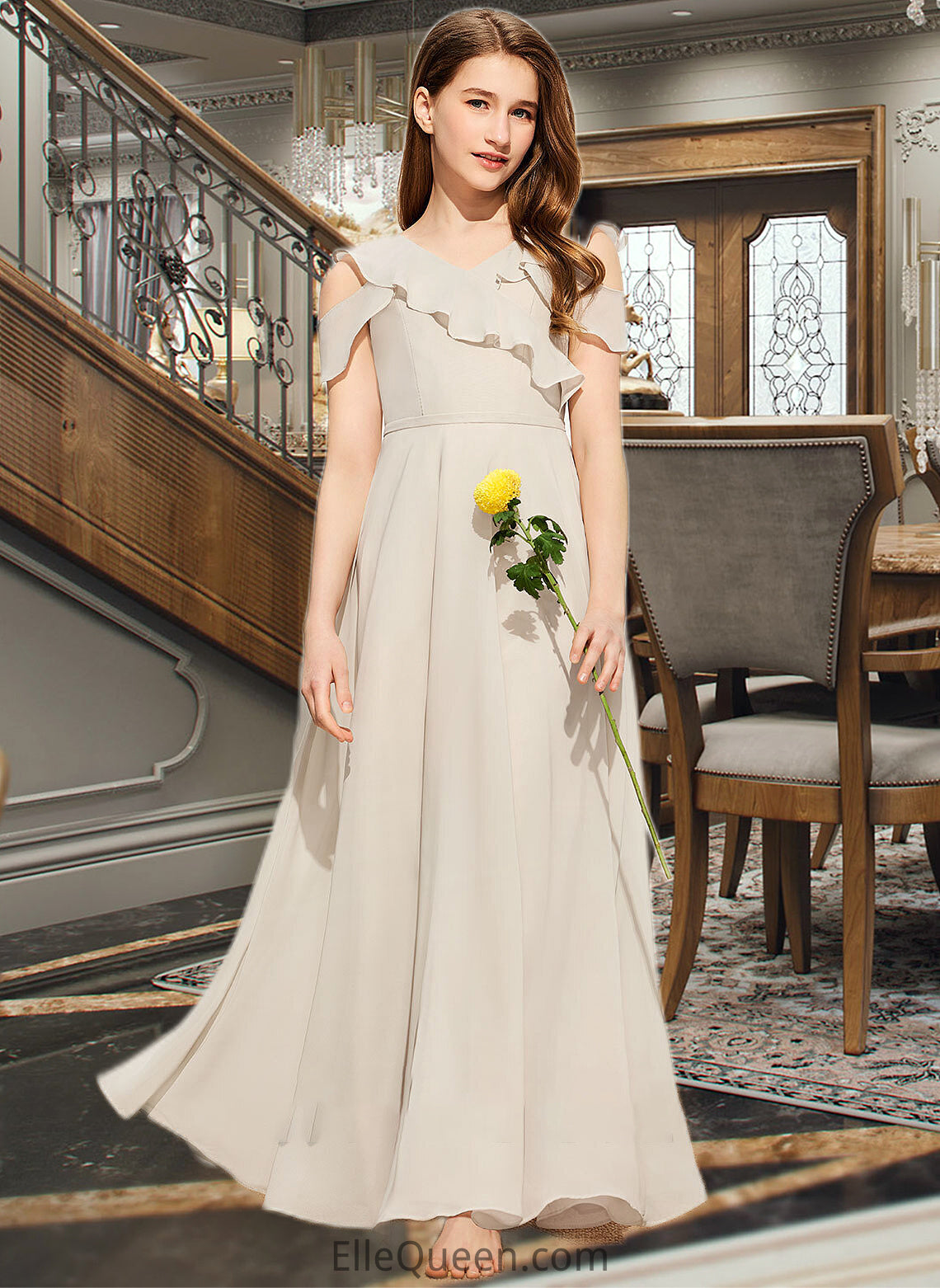 Gianna A-Line V-neck Floor-Length Chiffon Junior Bridesmaid Dress With Cascading Ruffles DGP0013603