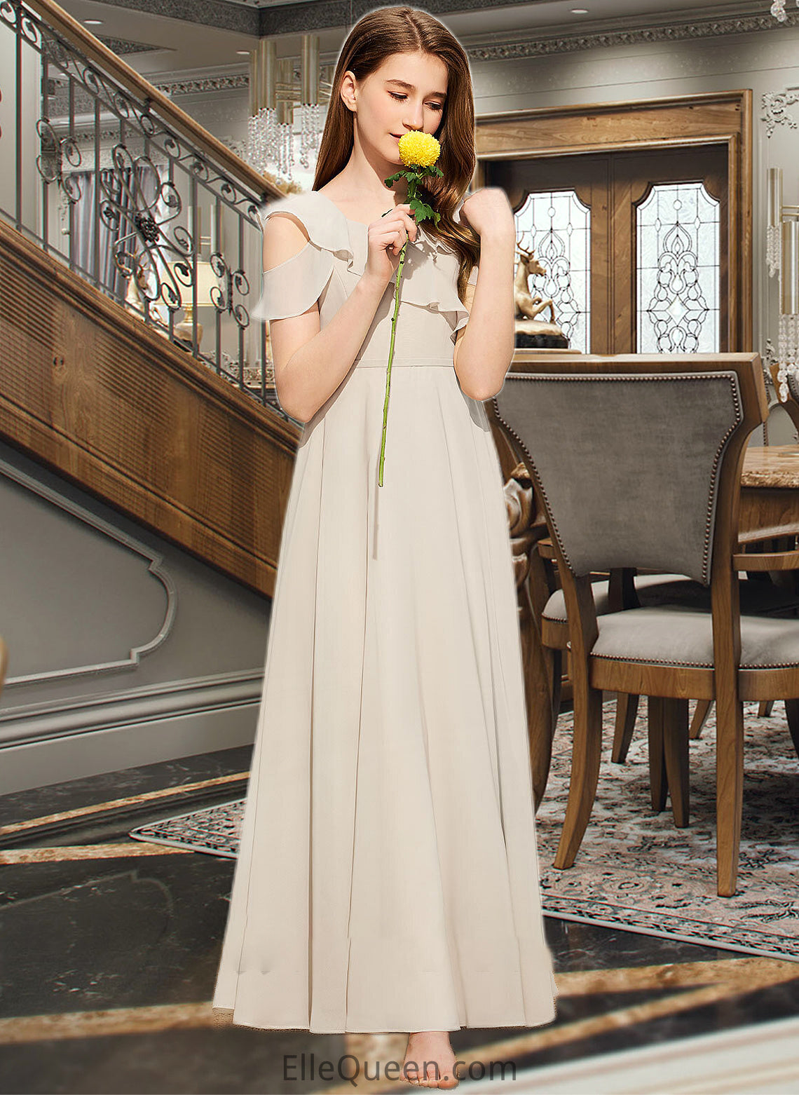 Gianna A-Line V-neck Floor-Length Chiffon Junior Bridesmaid Dress With Cascading Ruffles DGP0013603