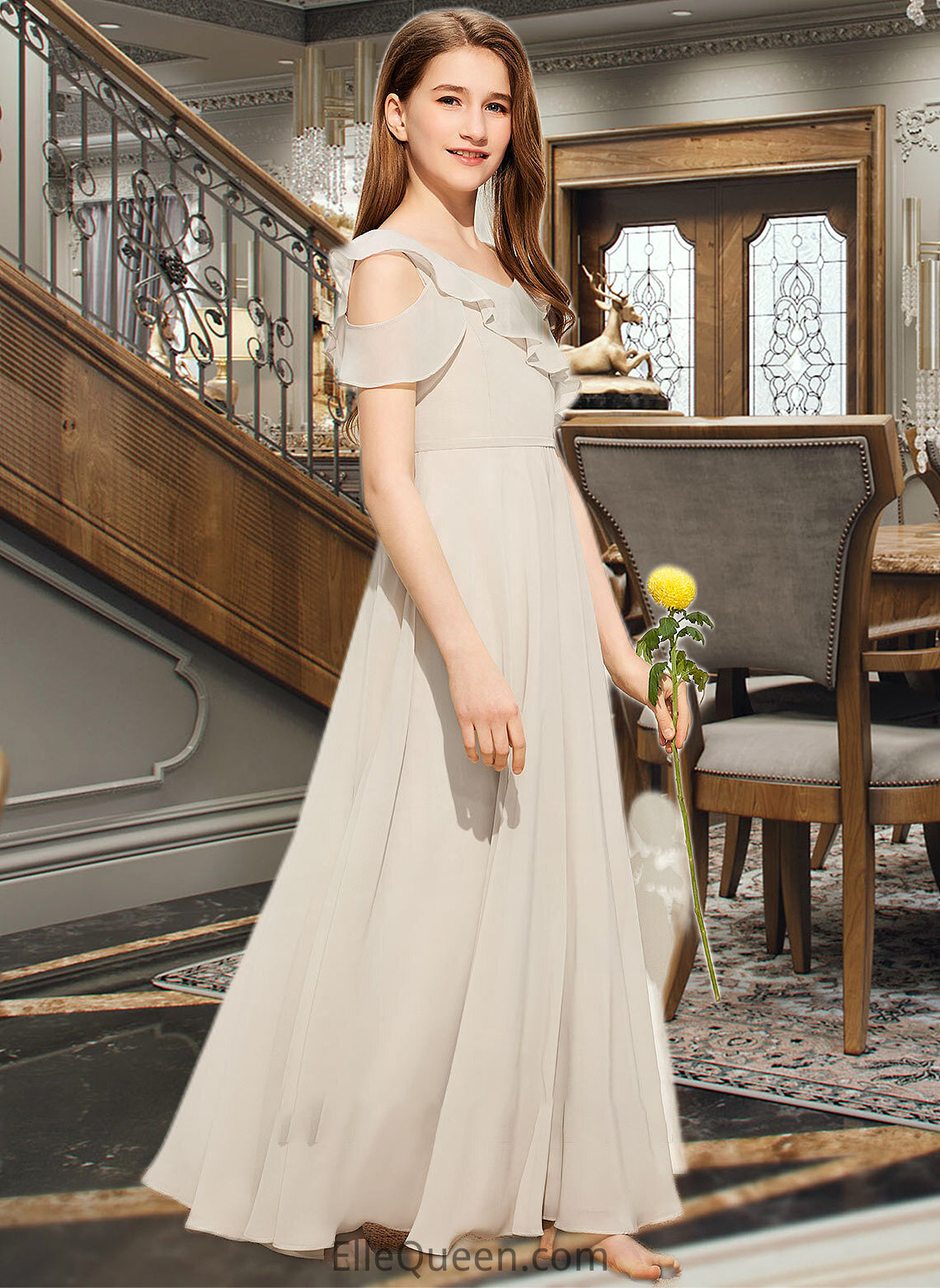 Gianna A-Line V-neck Floor-Length Chiffon Junior Bridesmaid Dress With Cascading Ruffles DGP0013603