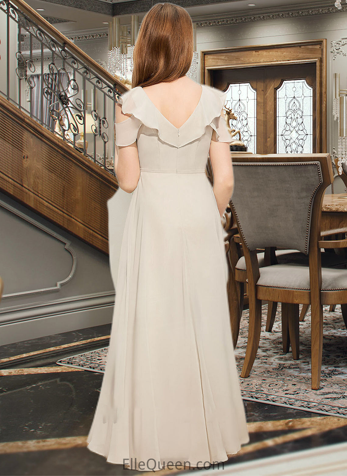 Gianna A-Line V-neck Floor-Length Chiffon Junior Bridesmaid Dress With Cascading Ruffles DGP0013603