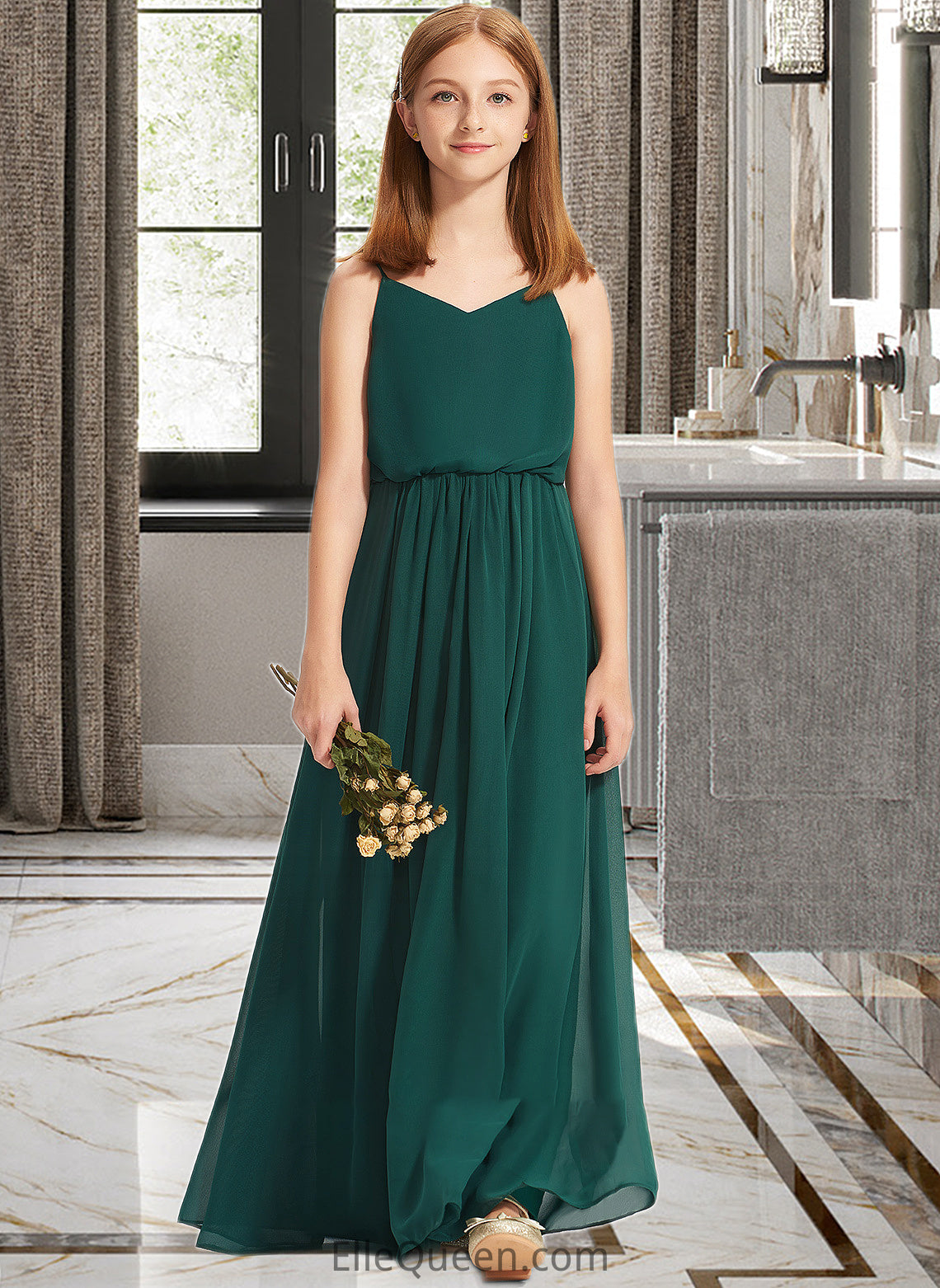 Eloise A-Line V-neck Floor-Length Chiffon Junior Bridesmaid Dress With Ruffle DGP0013606