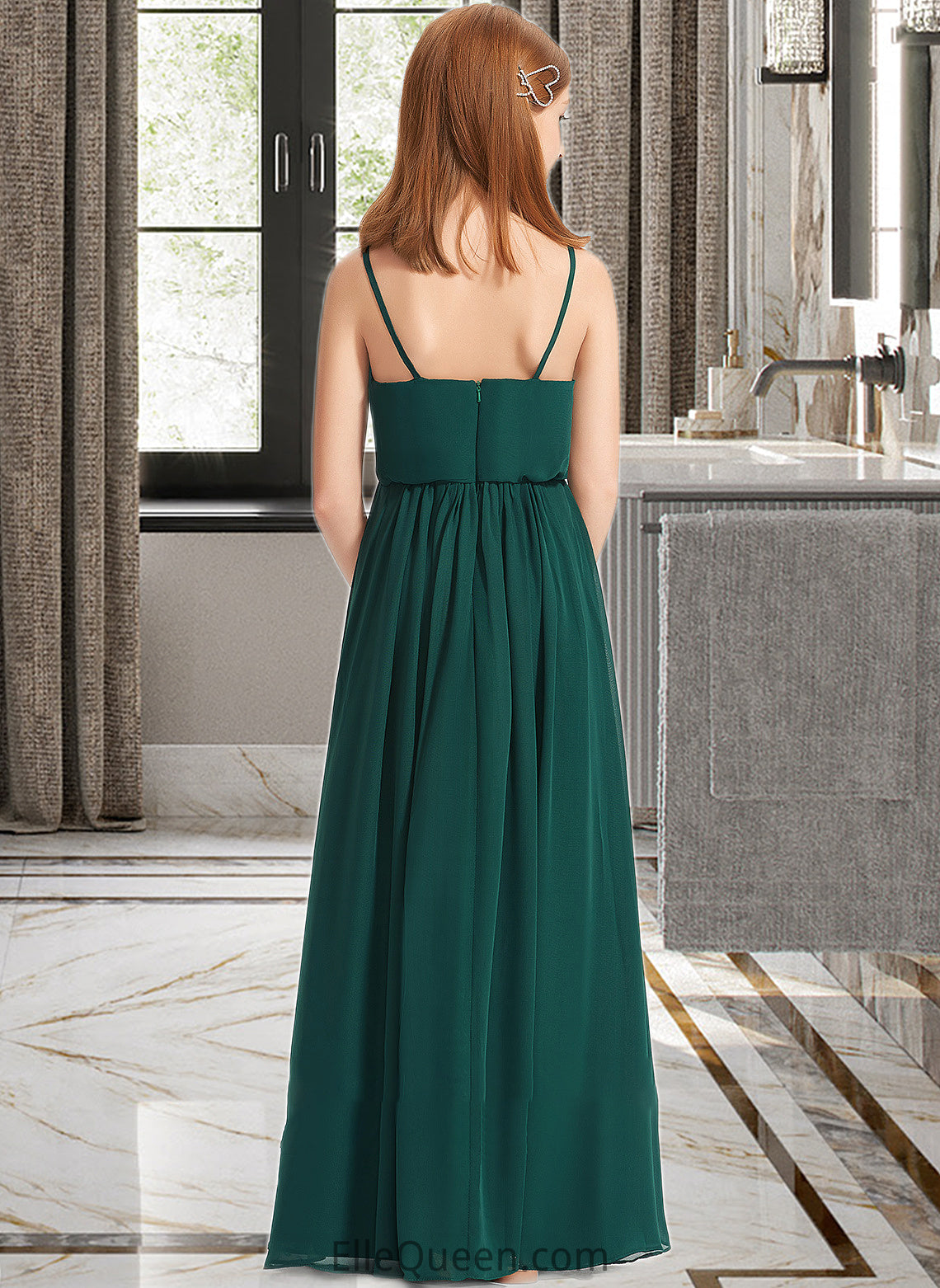 Eloise A-Line V-neck Floor-Length Chiffon Junior Bridesmaid Dress With Ruffle DGP0013606