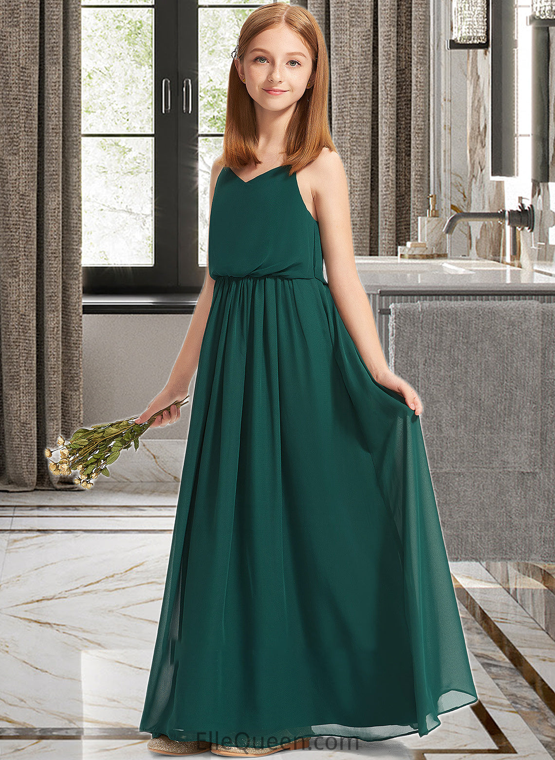 Eloise A-Line V-neck Floor-Length Chiffon Junior Bridesmaid Dress With Ruffle DGP0013606