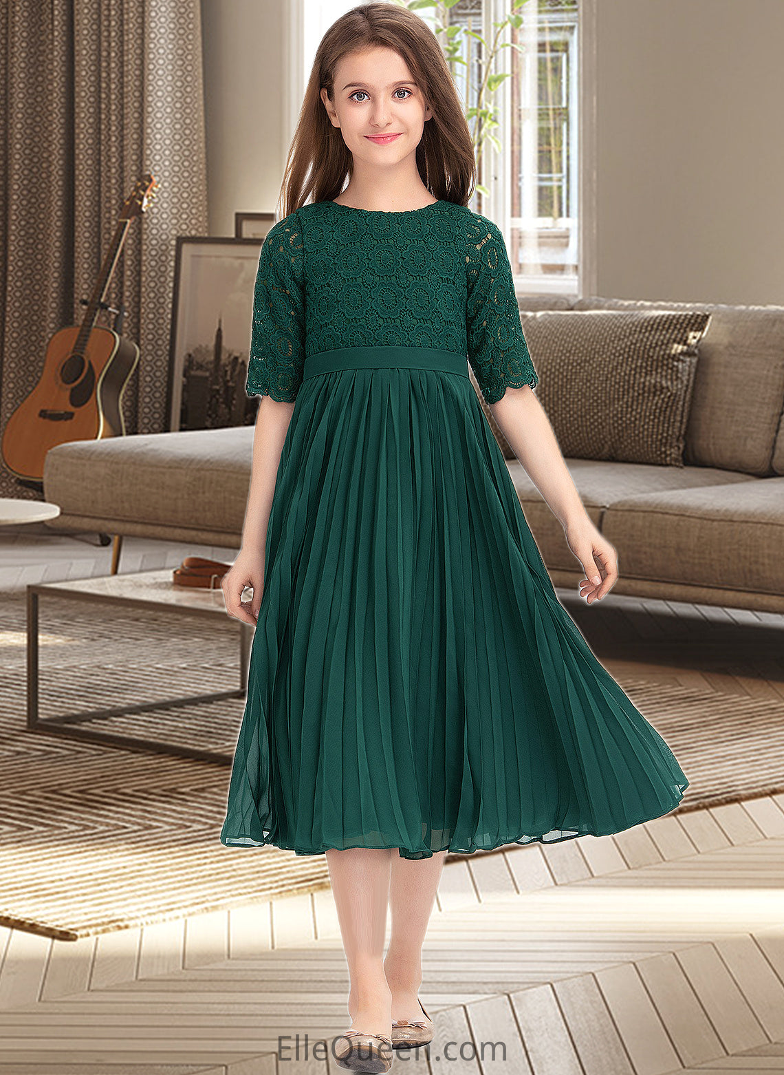 Holly A-Line Scoop Neck Tea-Length Chiffon Lace Junior Bridesmaid Dress With Pleated DGP0013608