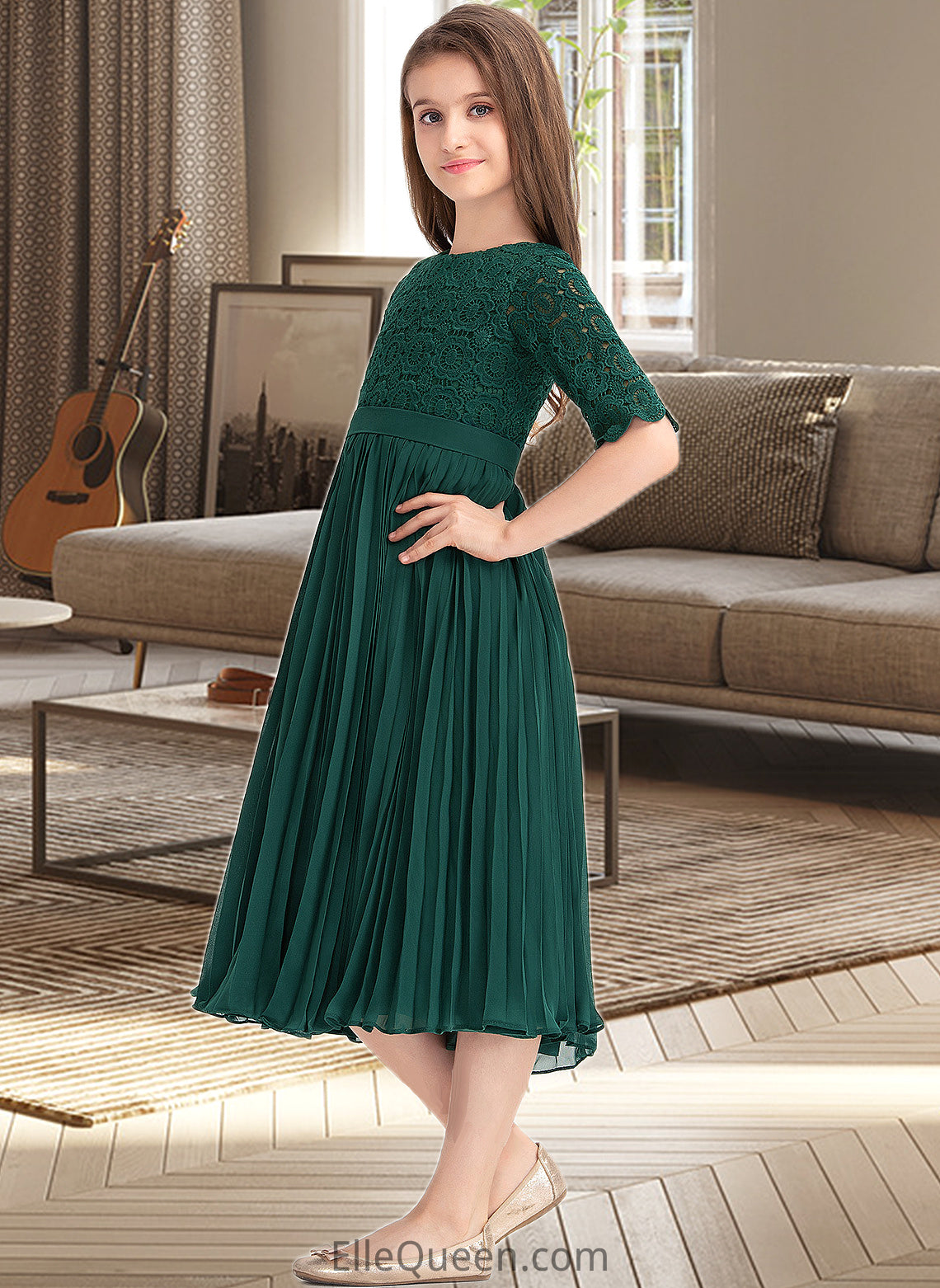 Holly A-Line Scoop Neck Tea-Length Chiffon Lace Junior Bridesmaid Dress With Pleated DGP0013608