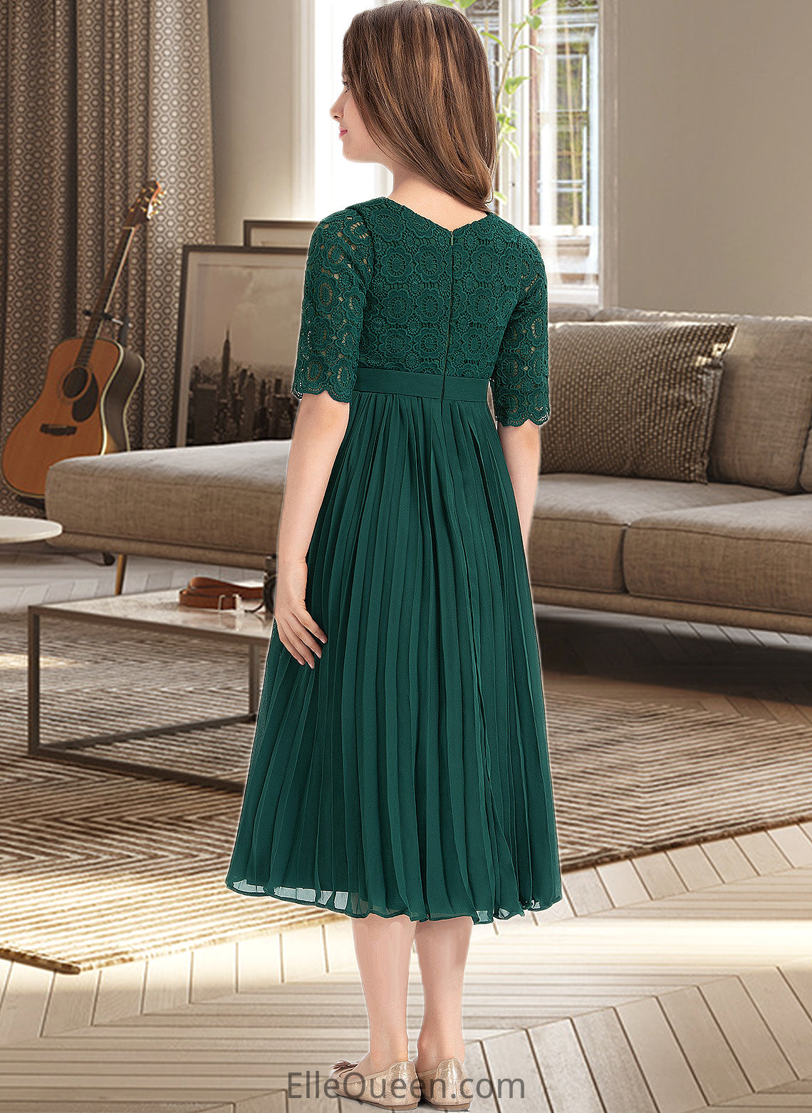 Holly A-Line Scoop Neck Tea-Length Chiffon Lace Junior Bridesmaid Dress With Pleated DGP0013608