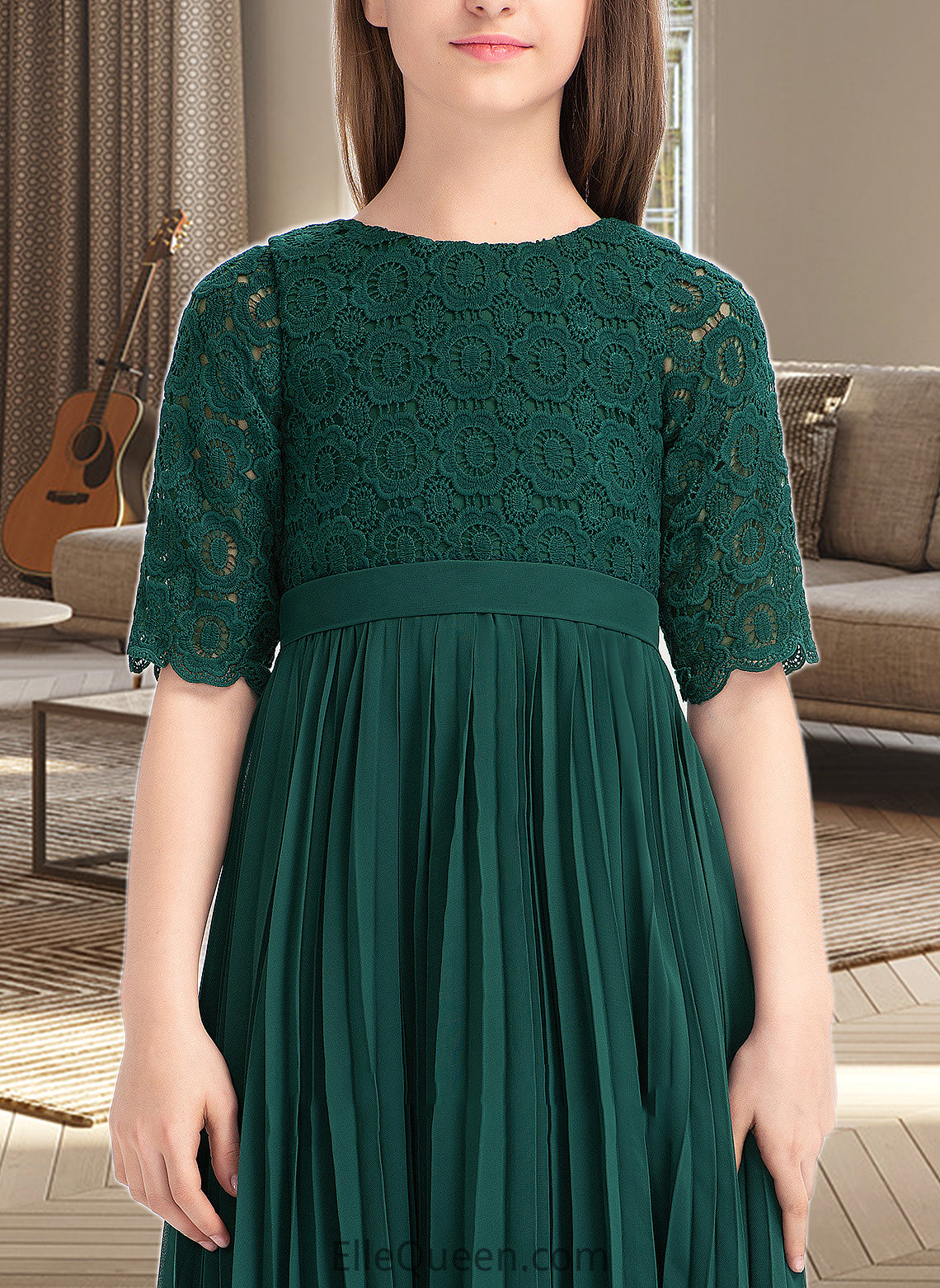 Holly A-Line Scoop Neck Tea-Length Chiffon Lace Junior Bridesmaid Dress With Pleated DGP0013608