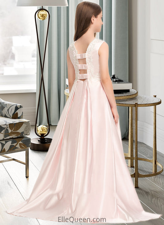 Jimena A-Line Scoop Neck Sweep Train Satin Lace Junior Bridesmaid Dress With Bow(s) Pockets DGP0013609