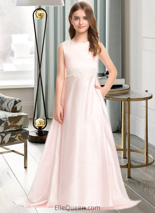 Jimena A-Line Scoop Neck Sweep Train Satin Lace Junior Bridesmaid Dress With Bow(s) Pockets DGP0013609