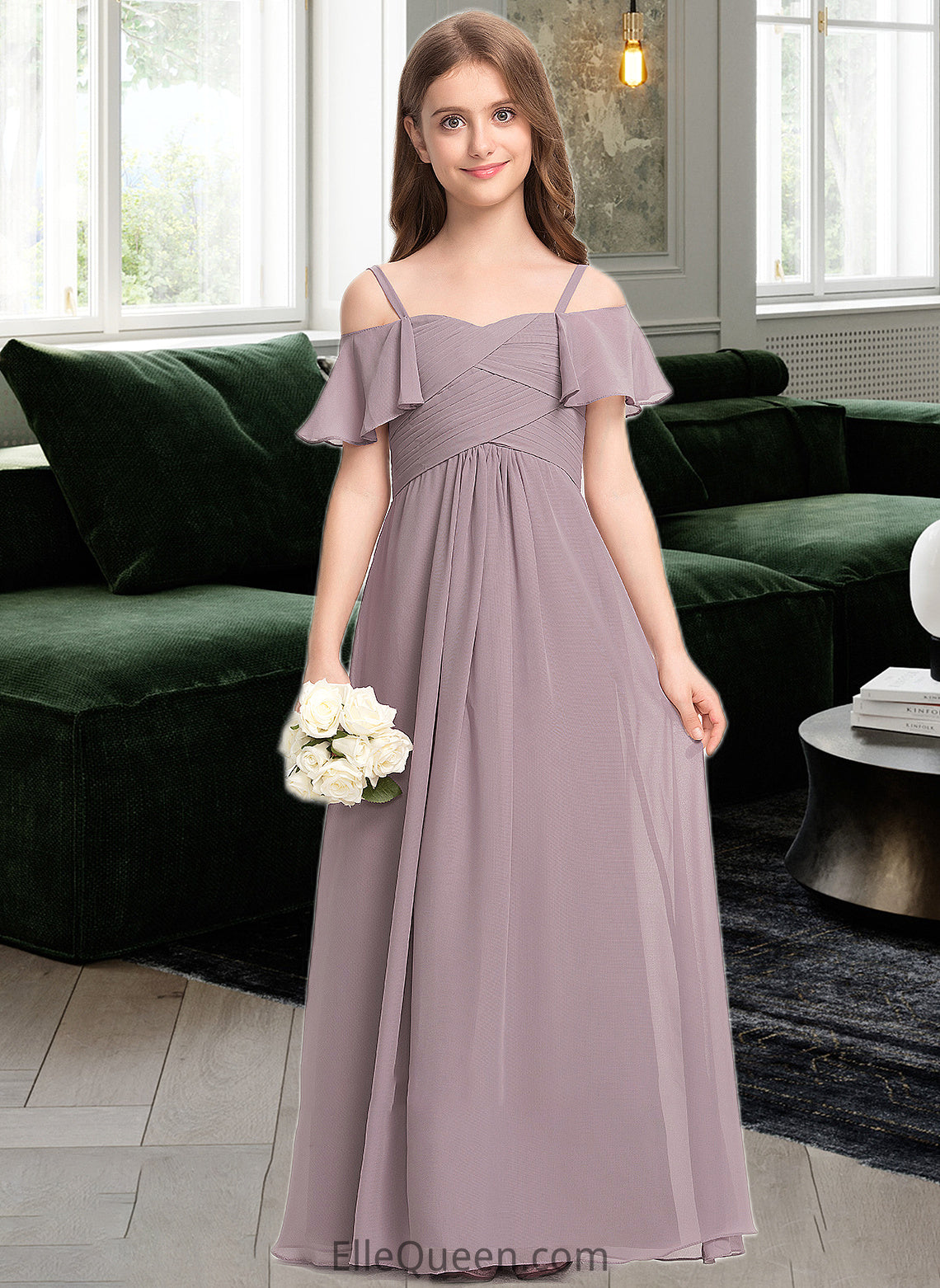 Eloise A-Line Off-the-Shoulder Floor-Length Chiffon Junior Bridesmaid Dress With Ruffle DGP0013610